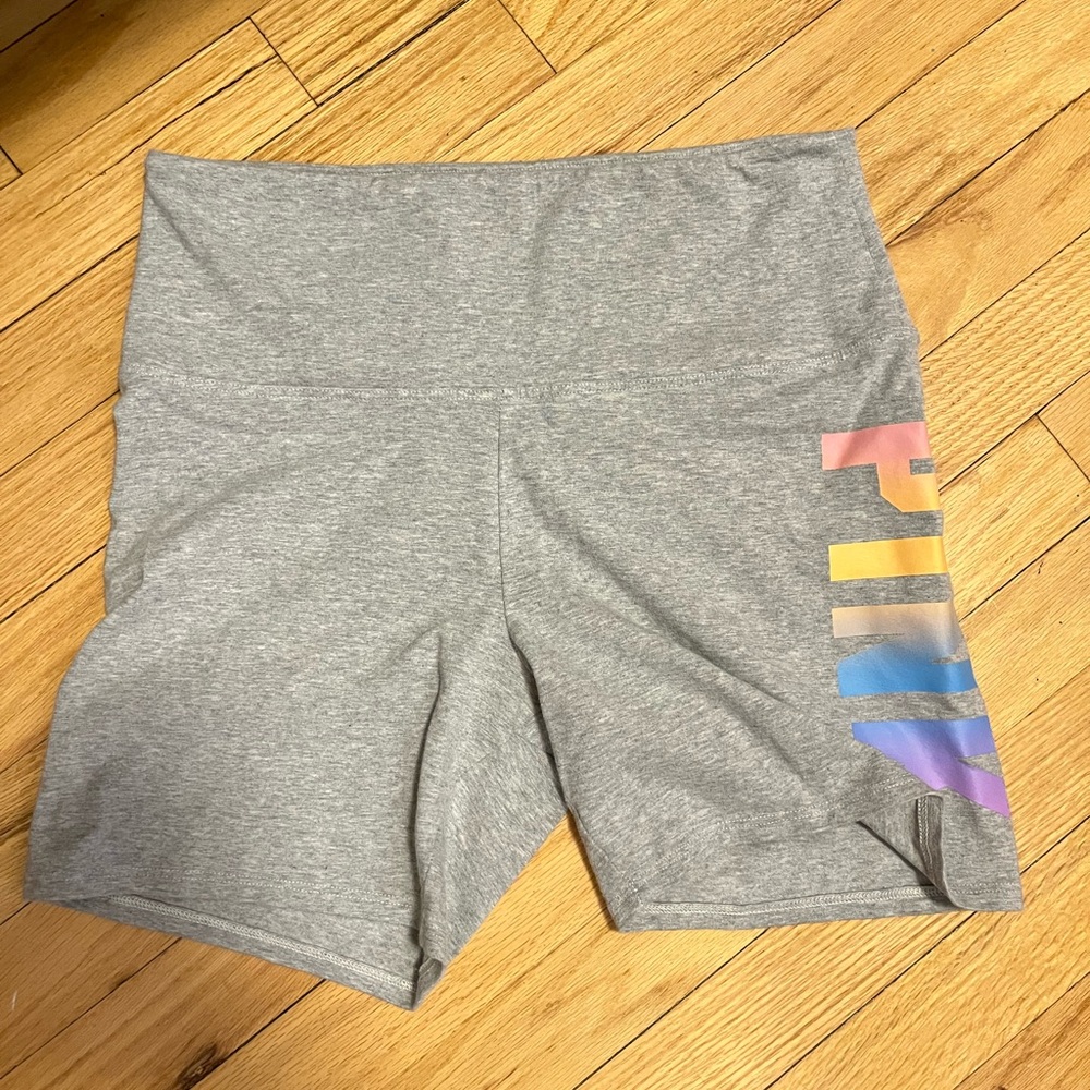 PINK Victoria's Secret Women's Gray Bike Shorts with Multicolor Logo